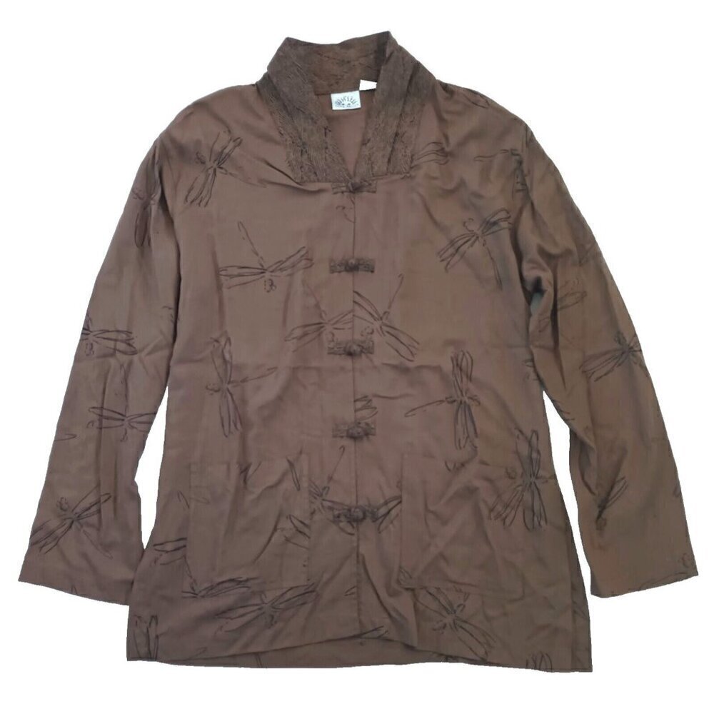 Meng Design Women's Art to Wear Top Size S M Dragonfly Kimono Brown Rayon